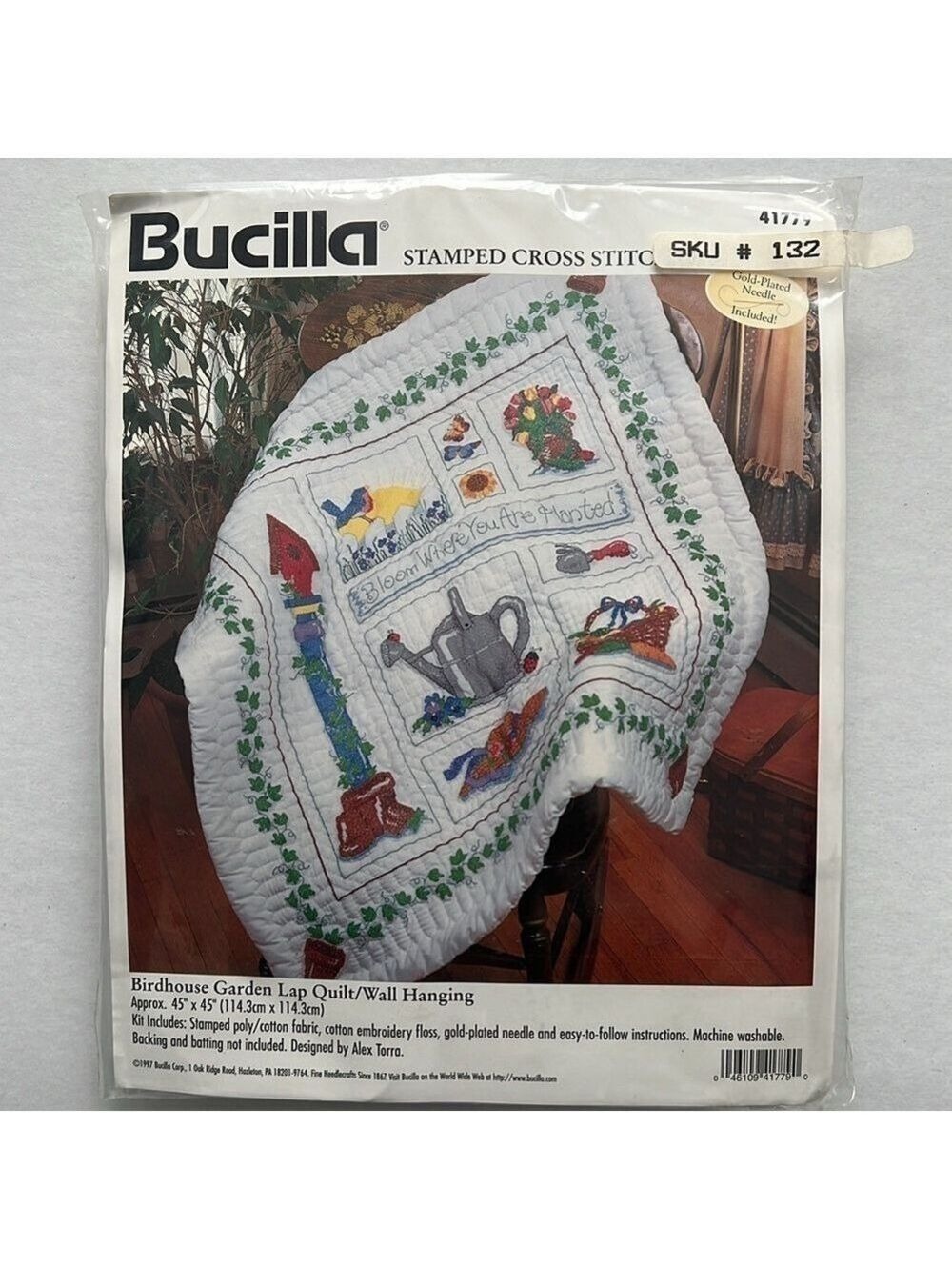 Bucilla Stamped Cross Stitch Lap Quilt Kit/Wall Hanging Birdhouse Garden 41779